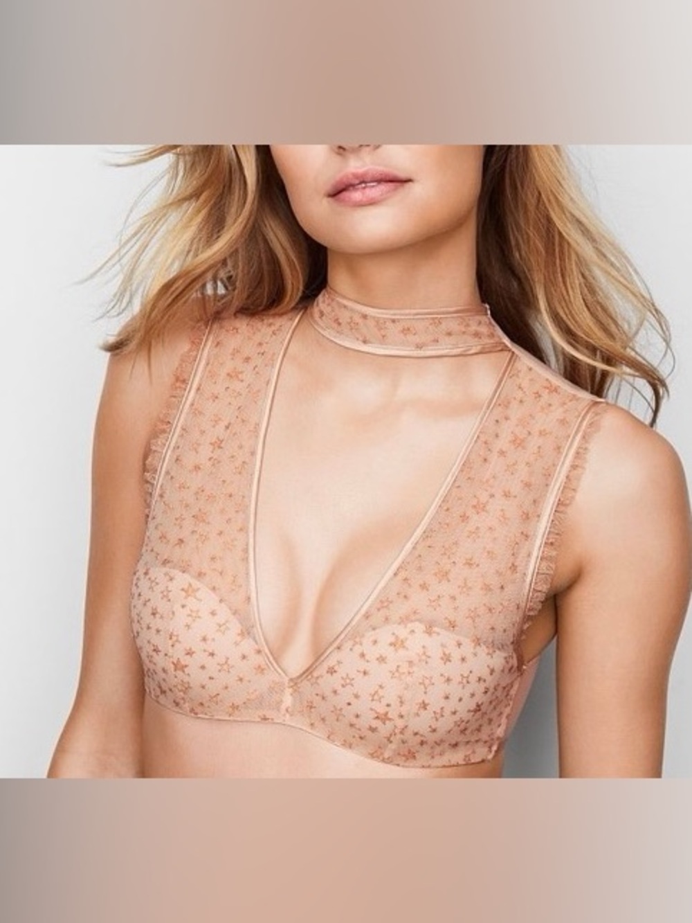 Victoria’s Secret Dream Angels Nude Plunge Neck Lined Glitter Star Bra -Medium